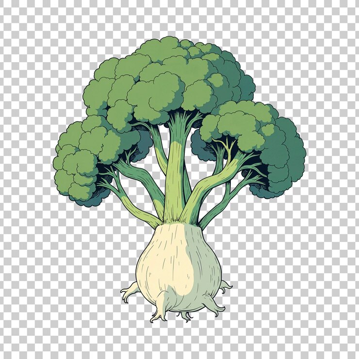 PSD fresh broccoli with white root on transparent background