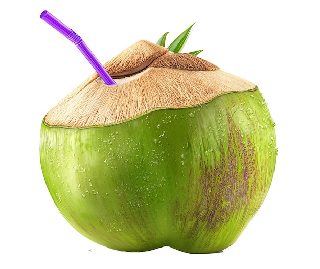 Fresh coconut drink with a purple straw ready to refresh