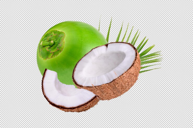 PSD fresh coconuts whole and cut with palm leaves