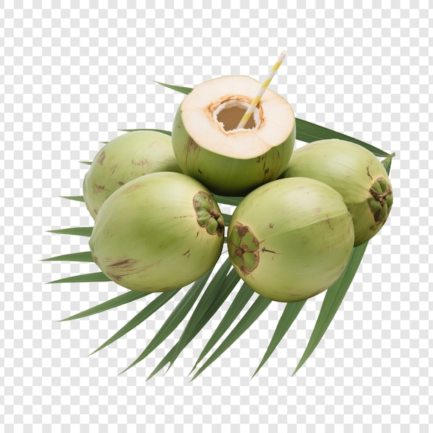 Fresh coconuts with palm leaves