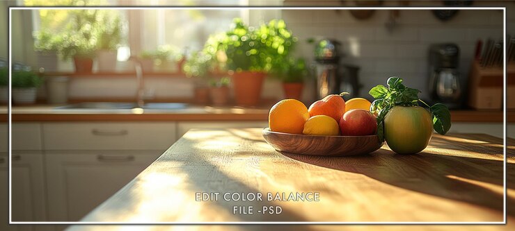 PSD fresh fruit bowl on a wooden table in a kitchen with sunlight streaming through the window