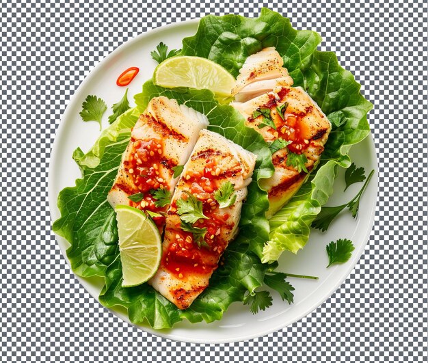 PSD fresh grilled tilapia lettuce wraps with chili lime sauce isolated on transparent background