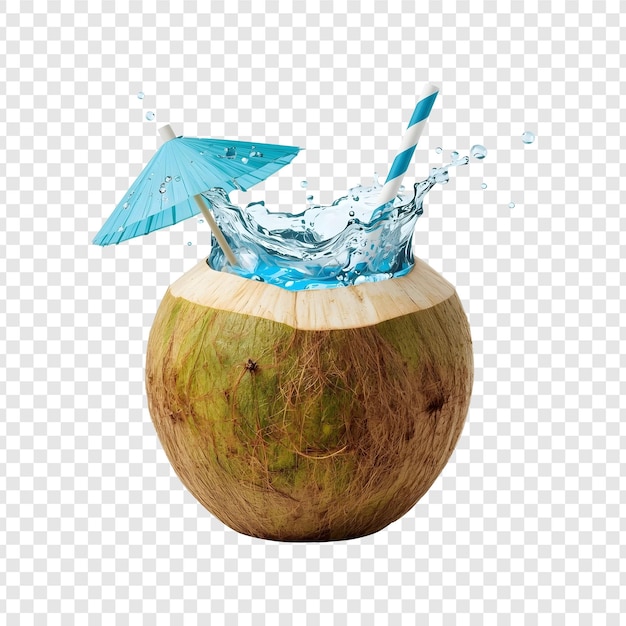 Fresh Young Coconut with Splashing Water and Straw Isolated on Transparent Background