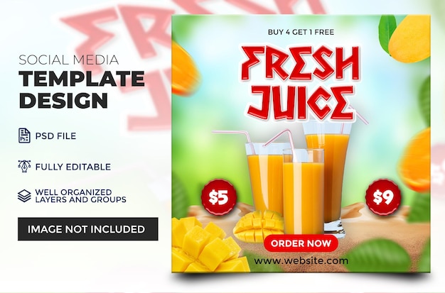 FreshJuice e frutas frescas para design de modelo de pôster de suco