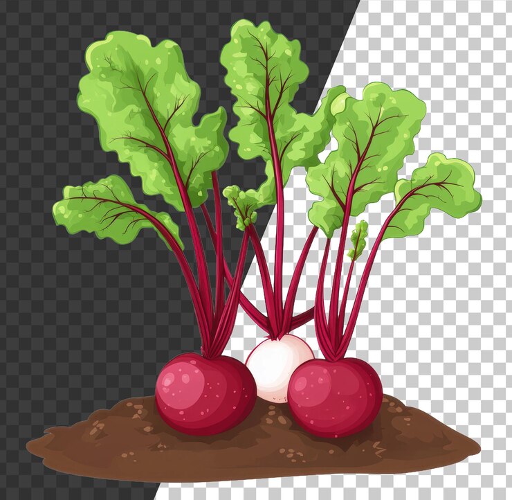 PSD freshly harvested radishes with vibrant green leaves emerging from rich soil cut out stock png