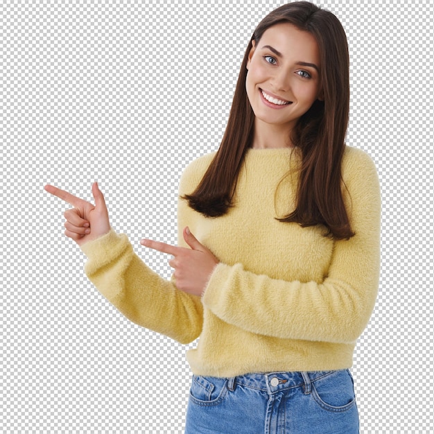 Freundlich aussehende weibliche Studentin, die Ihnen den Weg zeigt, zeigt mit dem Finger auf ein Promo-Banner, leeres weißes Copy-Raum für Ihre Anzeige, als Empfehlung