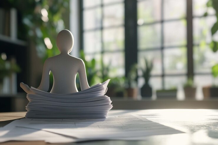 PSD friedliche statue einer meditierenden person, die auf einem stapel dokumente in einem hellen und luftigen büro mit pflanzen und einem fenster sitzt