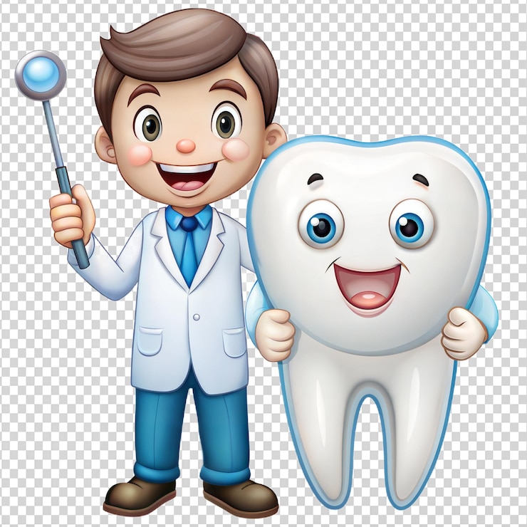 PSD friendly cartoon dentist and happy tooth character promoting dental health for kids