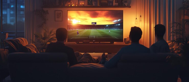Friends watching a football match on TV
