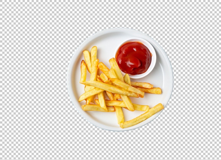 PSD friesh francese con ketchup nel piatto bianco sullo strato alfa
