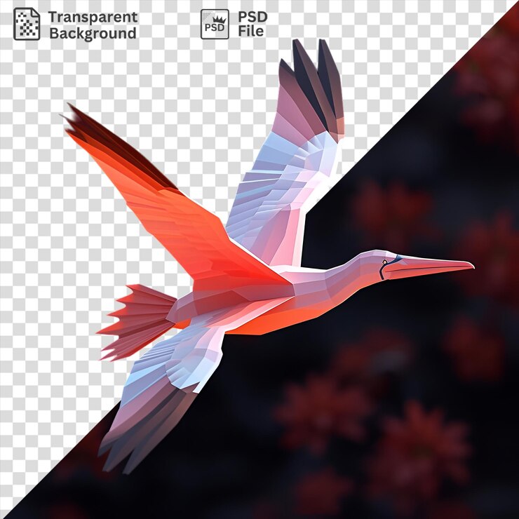PSD frigatebird de dibujos animados de psd 3d deslizándose a través de un cielo rosado acompañado de un pájaro blanco con un pico largo y un ojo negro y una flor blanca y rosada en primer plano
