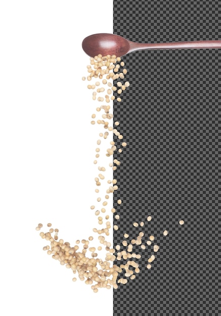 El frijol de soja cae el grano amarillo los frijoles explotan la nube abstracta vuela de la cuchara de madera hermosa semilla completa de guisante de soja diseño de objeto de alimento enfoque selectivo congelación disparado fondo blanco aislado