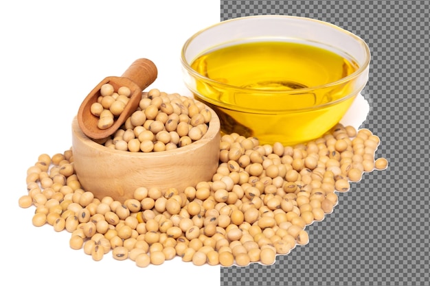 Frijol de soya amarillo en cuenco de madera aceite vegetal en cueno de vidrio proceso de transformación de la soya dorada en aceite de cocción la soya es una dieta saludable y un elemento alimenticio ingredientes para cocinar fondo blanco aislado