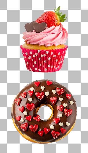 Frisch Erdbeeren-Frost-Cupcake mit Herz-Sprinkles Schokolade-Glasur-Donut