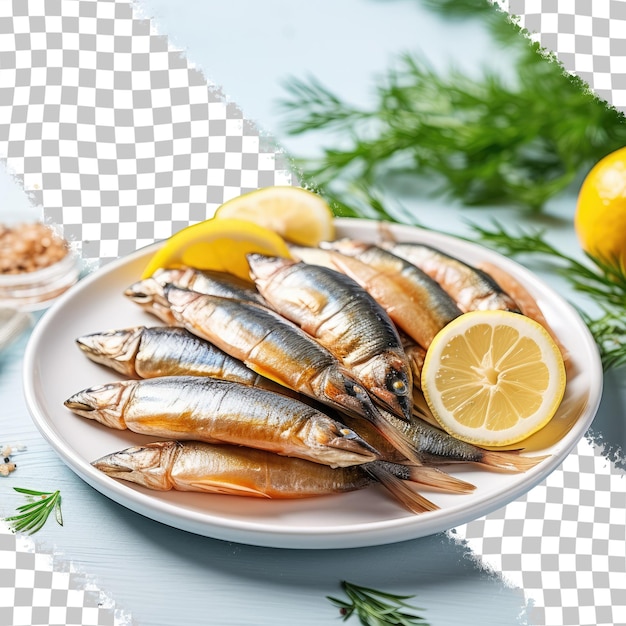 PSD frisch geräucherte sprotten mit zitrone auf einem weißen teller. frische meeresfrüchte, bio-strandurlaub, leichtes abendessen, gesundes omega-3, transparenter hintergrund