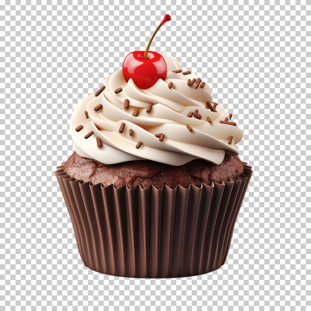 frisch geschmackhafte Schokoladen-Cupcake mit Kirschen oben, isoliert auf durchsichtigem Hintergrund