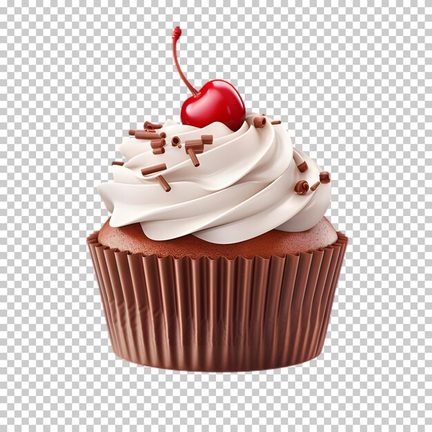 PSD frisch geschmackhafte schokoladen-cupcake mit kirschen oben, isoliert auf durchsichtigem hintergrund