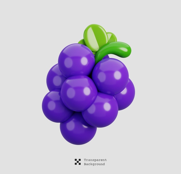 Frische blaue Traube mit isolierten Blättern Cartoon-Früchte-Ikonen 3D-Rendering-Illustration