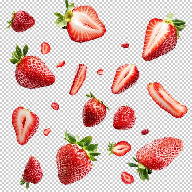Frische Erdbeeren, die isoliert auf durchsichtigem Hintergrund fallen