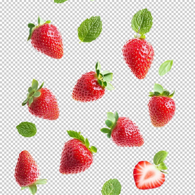 Frische Erdbeeren, die isoliert auf durchsichtigem Hintergrund fallen
