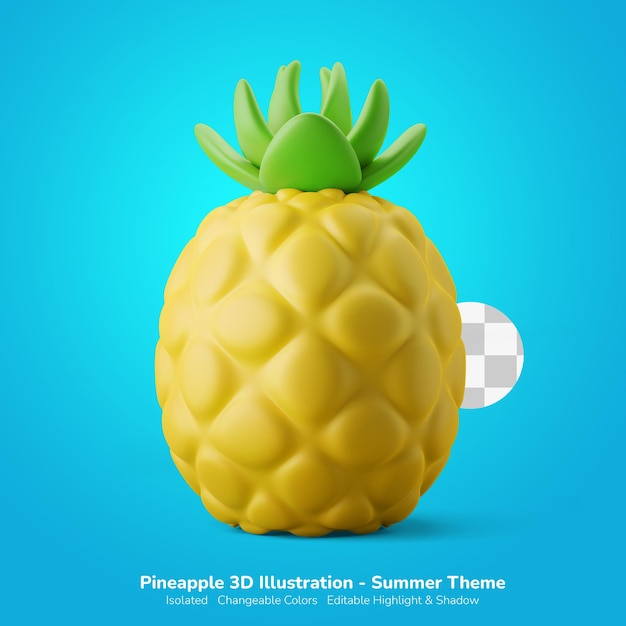 Frische ganze ananas sommerzeit 3d-illustration 3d-symbol editierbare farbe isoliert