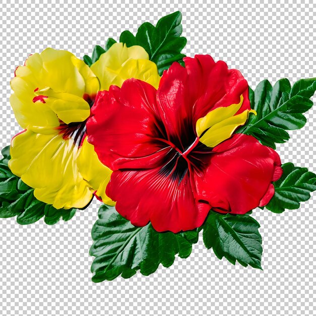 Frische Hibiskusblüte mit grünem Blatt isoliert auf transparentem Hintergrund