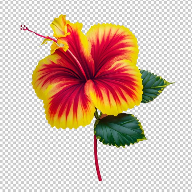 Frische hibiskusblüte mit grünem blatt isoliert auf transparentem hintergrund