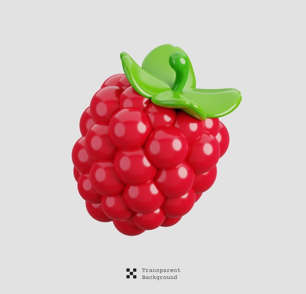 Frische Himbeere mit isolierten grünen Blättern Cartoon-Früchte-Ikonen 3D-Rendering-Illustration
