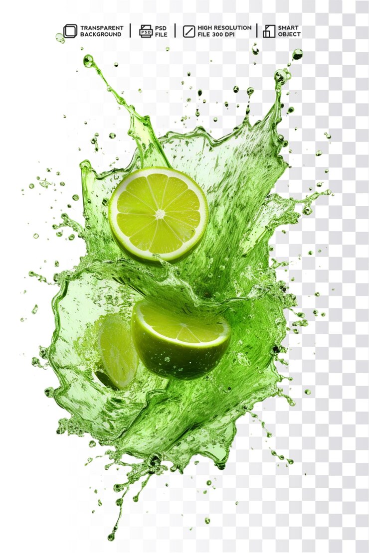 frische Limettenscheibe mit 3D-Spritzwasser auf transparentem Hintergrund