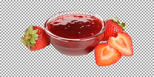 Frische rote Erdbeersauce mit Erdbeeren isoliert auf transparentem Hintergrund