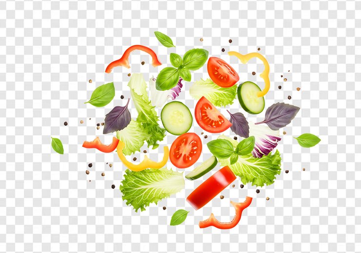 Frische und farbenfrohe Salatzutaten auf durchsichtigem Hintergrund
