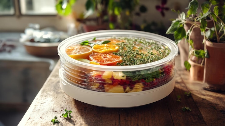 PSD frische zitrusfrüchte, ananas und kräuter in einem lebensmitteldehydrator