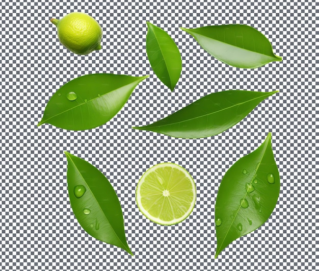 Frische Zitrusfrüchte mit isolierten Blättern auf durchsichtigem Hintergrund