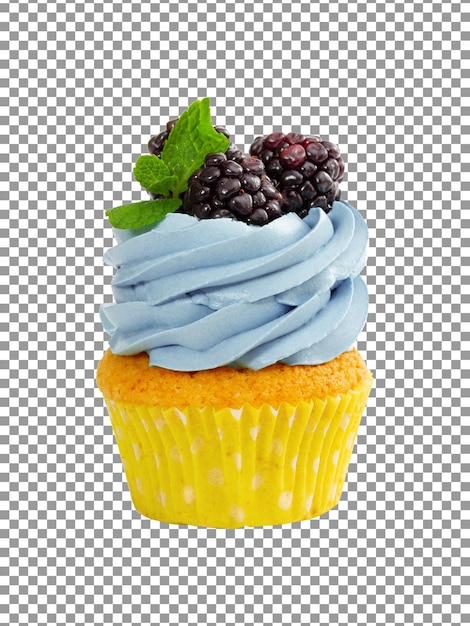 PSD frischer cupcake mit blauem zuckerguss und verziert mit schwarzen brombeeren auf transparentem hintergrund