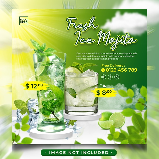 Frischer eis-mojito-flyer und quadratische banner-social-media-vorlage