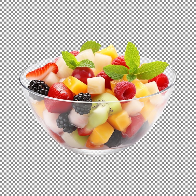 Frischer gemischter Obstsalat in einer Glasschüssel auf transparentem Hintergrund