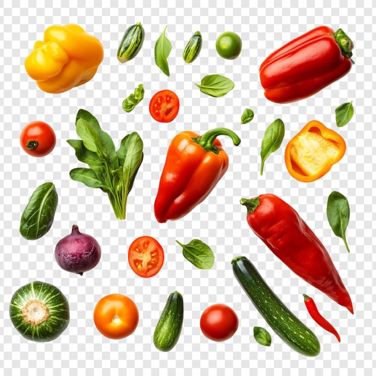 PSD frisches gemüse, das schwebt, bunte paprika, tomaten, zucchini, basilikum.
