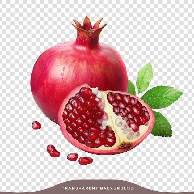 Frisches Granatapfel mit Blättern auf durchsichtigem Hintergrund