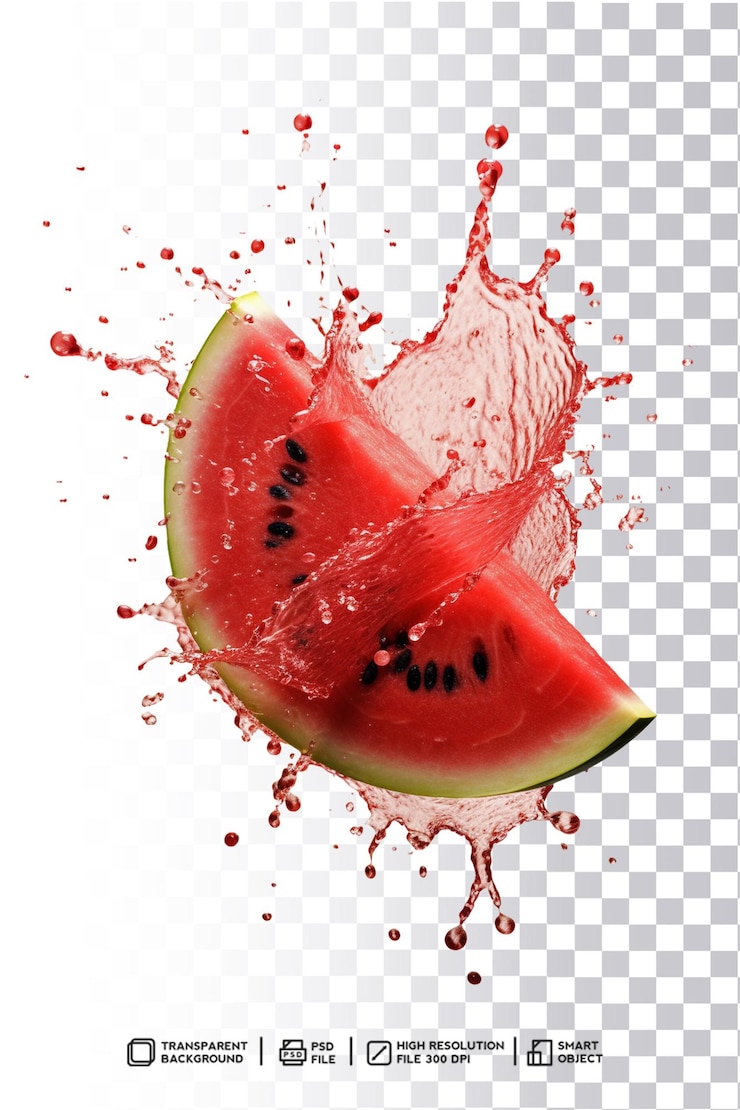 Frisches und farbenfrohes Wassermelonenspritzer-Flüssigkeitsdesign mit kaskadierendem rotem Saft auf isoliertem Hintergrund
