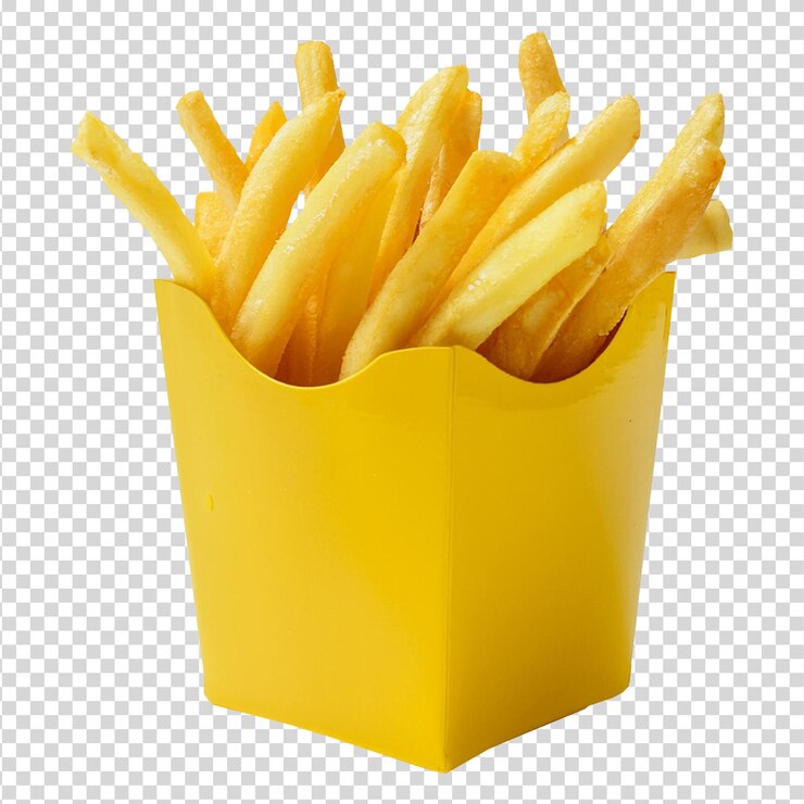 Fritas de caja amarilla sobre un fondo transparente