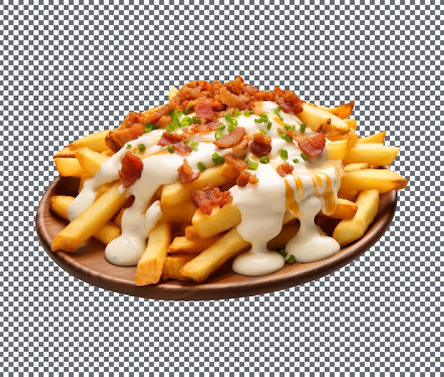 PSD frites au fromage au bacon épicées isolées sur fond blanc