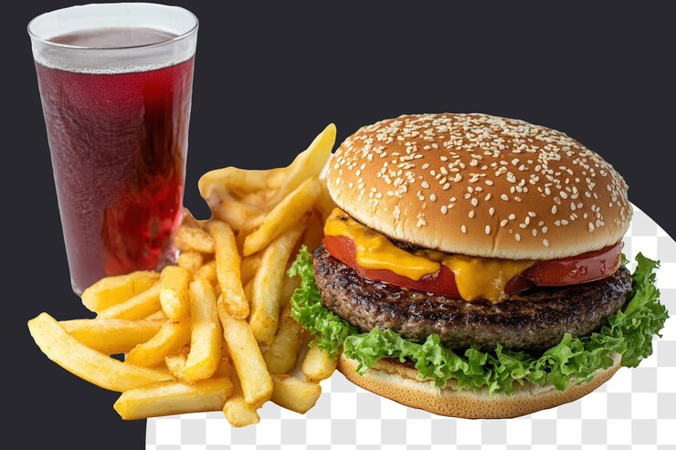PSD des frites de cheeseburger, une boisson, un repas en studio.