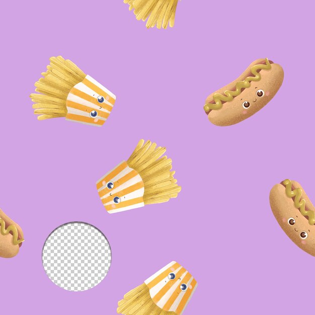 PSD frites mignons et hot-dogs modèle sans couture style kawaii sur fond lilas