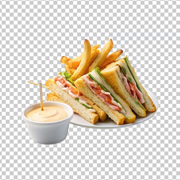 PSD des frites avec sauce sur une planche de bois ronde sur un fond transparent