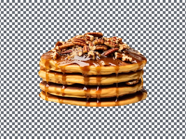 Frittelle di noci pecan al burro fresco marrone impilate e isolate su uno sfondo trasparente