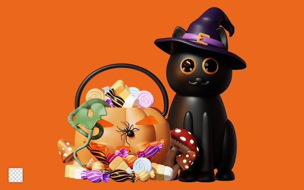 PSD fröhliche 3d-halloween-illustration mit schwarzer katze