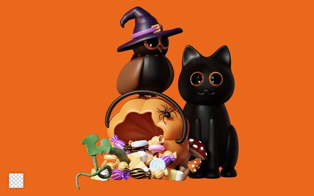 PSD fröhliche 3d-halloween-illustration mit schwarzer katze