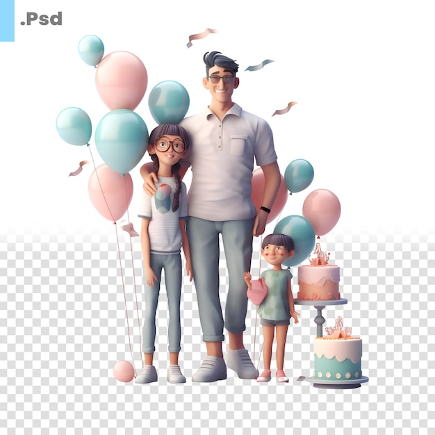 Fröhliche familie feiert geburtstag mit kuchen und luftballons, 3d-illustration psd-vorlage