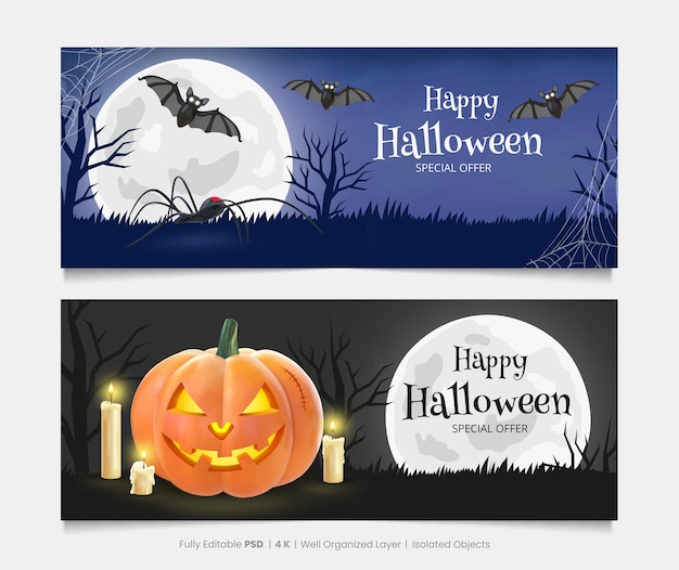 Fröhliche Halloween-Banner mit 3D-Rendering-Halloween-Elementen
