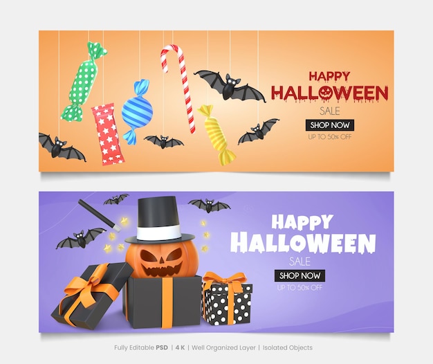 Fröhliche Halloween-Banner mit 3D-Rendering-Halloween-Elementen